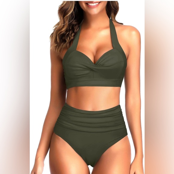 Tempt Me Other - Tempt Me Women Two Piece Vintage Swimsuit Retro Halter Ruched High Waist